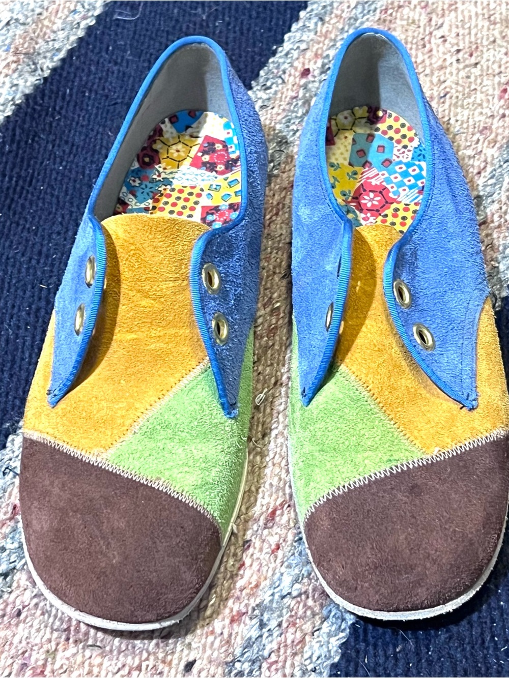 Vintage 70s Style Multicolor Suede Patchwork Slip On Shoes Size 8
